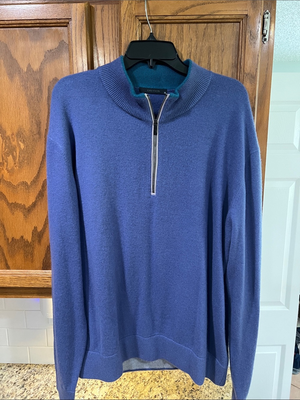 Greyson Men's Blue Quarter-Zip Sweater - Sleeve logo